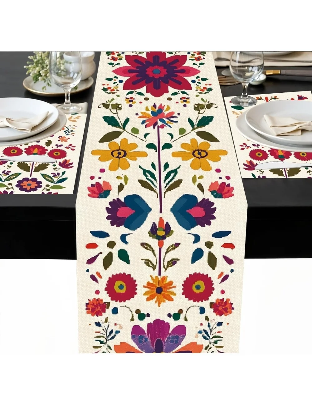 Floral Tile Pattern Table Runner and Placemats Set - Multicolor